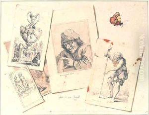 A trompe l'oeil still life of a butterfly and an assortment of prints after Jacques Callot, David Teniers II, Salvator Rosa and Jacques-Louis David by Jean-Joseph-Xavier Bidauld