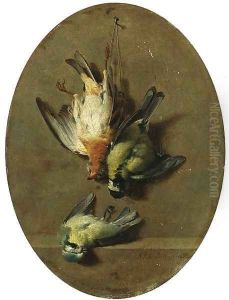 A trompe l'oeil of dead songbirds 2 by Jean-Joseph-Xavier Bidauld
