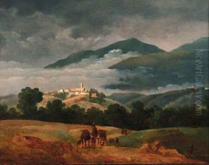A neatherd and his cattle in a mountainous landscape by Jean-Joseph-Xavier Bidauld