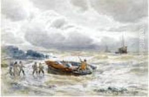 Bringing In The Catch; Bringing In The Catch With A Cottage Inthe Distance by Alexander Ballingall