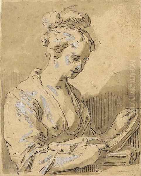 A girl, half-length, turned to the right reading from a book - view 1