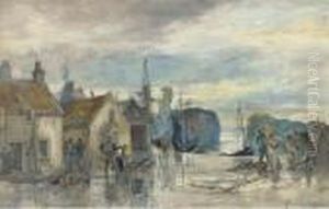 Fishermen Gossiping On The Quayside; And Fishing Boats In Harbour by Alexander Ballingall