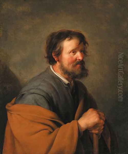 A seated man, his hand resting on a stick - view 1