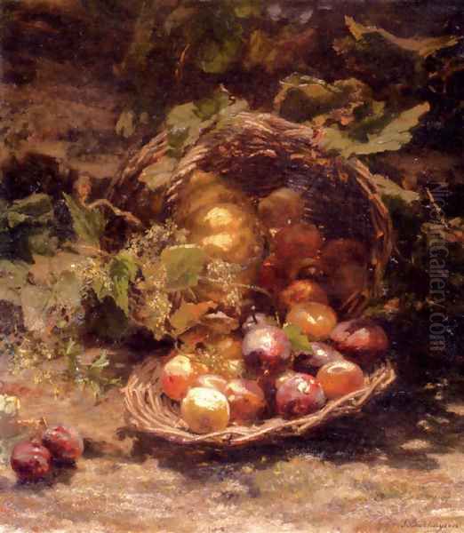 A Wicker Basket Of Plums, Apricots And A Pumpkin In An Autumnal Landscape - view 1