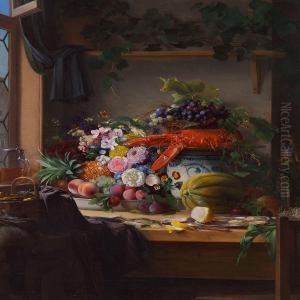 Still Life With Oysters, Lobster, Flowers And Fruit On A Table Near A Window by Carl Vilhelm Balsgaard