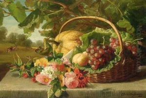 Still Life with Flowers, Grapes and a Melon by Geraldine Jacoba Van De Sande Bakhuyzen