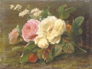 A bunch of pink and white roses by Geraldine Jacoba Van De Sande Bakhuyzen