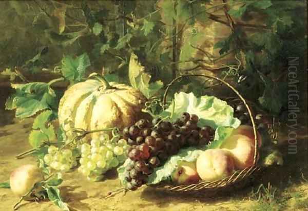 Peaches, grapes and a pumpkin in a sunny corner of a vegetable garden - view 1