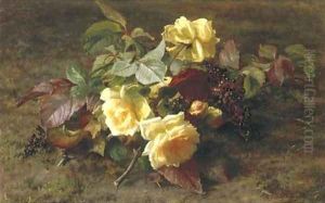 Yellow roses and elderberries on a forest floor 2 by Geraldine Jacoba Van De Sande Bakhuyzen