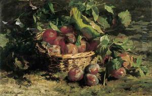 A still life with plums in a basket by Geraldine Jacoba Van De Sande Bakhuyzen