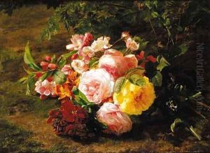 Roses, violets and apple blossom on a forest floor by Geraldine Jacoba Van De Sande Bakhuyzen