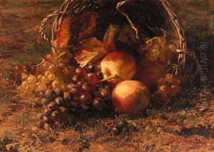 Grapes and apples in an overturned basket on a forest floor by Geraldine Jacoba Van De Sande Bakhuyzen