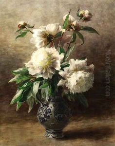 Peonies in a German stoneware jug by Geraldine Jacoba Van De Sande Bakhuyzen