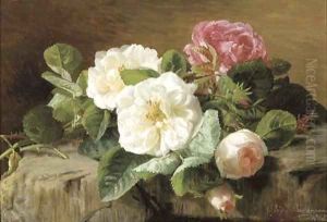 Pink and white roses by Geraldine Jacoba Van De Sande Bakhuyzen