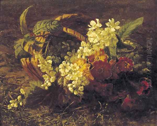 Cherryblossem and primroses in a basket - view 1