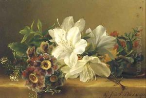 Rhodondendrons and primulas on a ledge by Geraldine Jacoba Van De Sande Bakhuyzen
