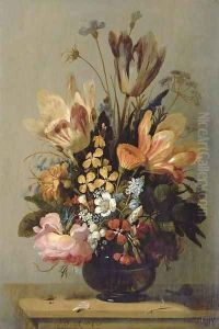 Tulips, a rose, bluebells and other flowers in a glass vase on a wooden ledge, with a snail and a caterpillar by Hans Bollongier