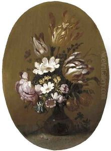 Parrot tulips, roses and other flowers in a glass vase with a snail on a table by Hans Bollongier