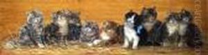 Parade Of Cats. Signed. Oil On Panel. 40 X 12ins by Bessie, Betsie Bamber
