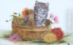 A Kitten In A Basket Of Flowers by Bessie, Betsie Bamber