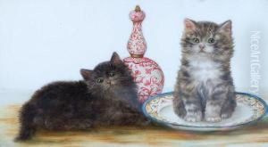 Two Kittens With A Plate And Ginger Jar by Bessie, Betsie Bamber