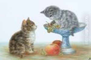 Two Kittens Playing With A Bowl Of Fruit by Bessie, Betsie Bamber