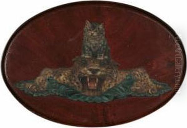 A Kitten Sitting On The Head Of A Leopard Skin Rug - view 1