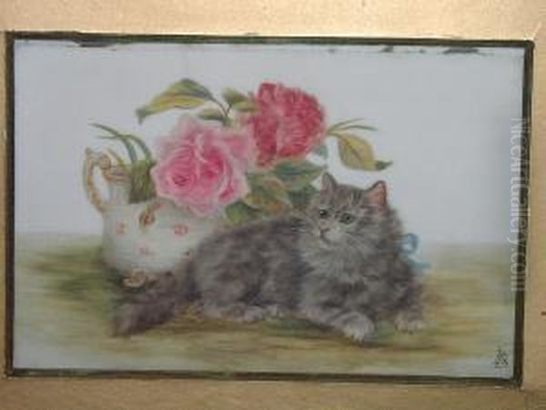 A Long Haired Cat, Before A Vase Of Roses - view 1