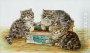 Three Kittens With A Pile Of Books by Bessie, Betsie Bamber