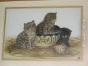 Three Kittens And A Porcelain Bowl by Bessie, Betsie Bamber