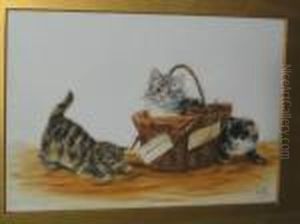 Three Kittens Playing In A Basket by Bessie, Betsie Bamber