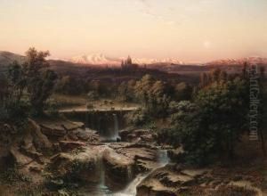 An Extensive River Landscape
With The Escorial And The Sierra Deguadarrama Mountains Beyond by Friedrich Bamberger