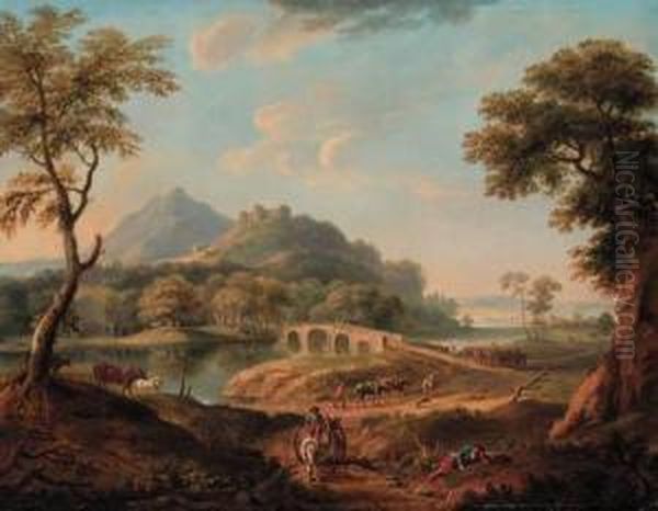 A Wooded River Landscape, With Figures By A Bridge Beneath Acastle, A Town Beyond - view 1