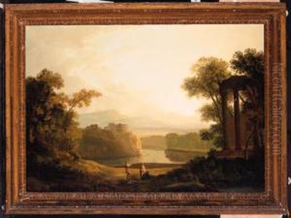 Figures In A Classical Wooded Lake Landscape - view 1