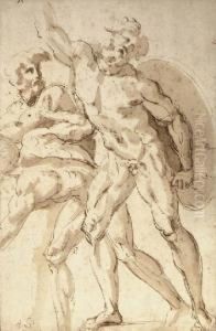 A Nude Warrior With A Shield Reaching Up To The Left, Two Crouching Nudes To The Left A Nude Warrior With A Shield Reaching Up To The Left, Two Crouching Nudes To The Left