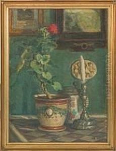 Still Life With A Plant, A Candlestick And A Jug On A Table by Vilhelmine Maria Bang