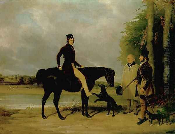 Richard Crawshay, on a black pony, talking to a gamekeeper and another man, with dogs, in the grounds of Ottershaw Park, Chertsey 1838 - view 1