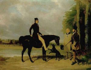 Richard Crawshay, on a black pony, talking to a gamekeeper and another man, with dogs, in the grounds of Ottershaw Park, Chertsey 1838 Richard Crawshay, on a black pony, talking to a gamekeeper and another man, with dogs, in the grounds of Ottershaw Park, Chertsey 1838