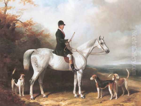 William Long, huntsman to the Beaufort, on his grey hunter 'Bertha' with three hounds 1847 - view 1