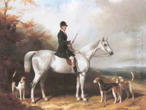 William Long, huntsman to the Beaufort, on his grey hunter 'Bertha' with three hounds 1847 by William Barraud