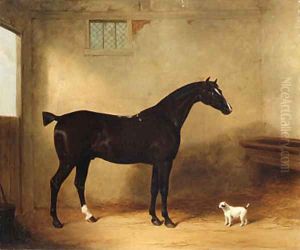 A Bay Hunter and Dog in a Stable by William Barraud