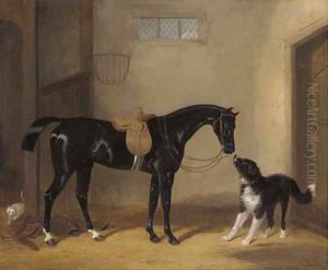 Portrait of a saddle black hunter with a sheep dog in a stable by William Barraud