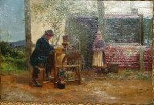 Active - 19th Century Oil On
Canvas Jenre Scene Depicting Trademan At His Wheel Figure In Background
Signed Lower Right 24cm X 35cm by Alfred Banner