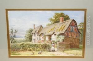 Feeding The Ducks On A Rural Path Beside A Thatched Cottage