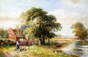 Feeding The Chickens. On A Rural Path Beside A Meandering River