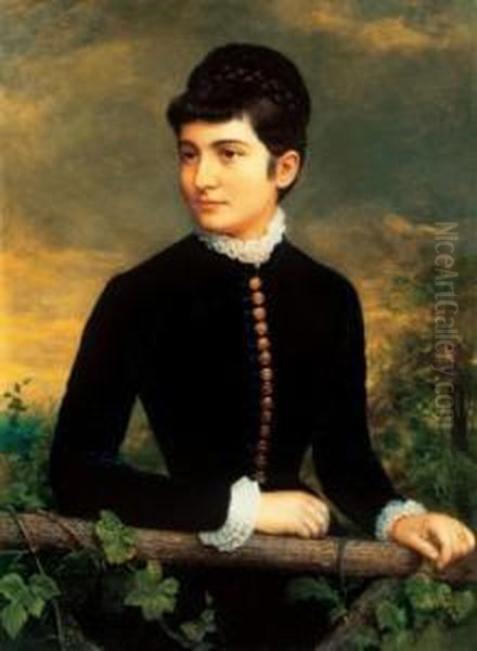 Lady In A Blue Velvet Dress With Golden Buttons - view 1