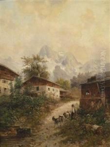 A Scene In The Lofer Region, The Seinberge, A Mountain Range, In The Background by Emil Barbarini