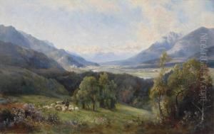 View Of A Valley, A Flock Of Sheep In The Foreground