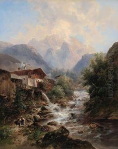 Ziegenhirtin Am Gebirgsbach Bei Partenkirchen Signiert Em. Barbarini by Emil Barbarini