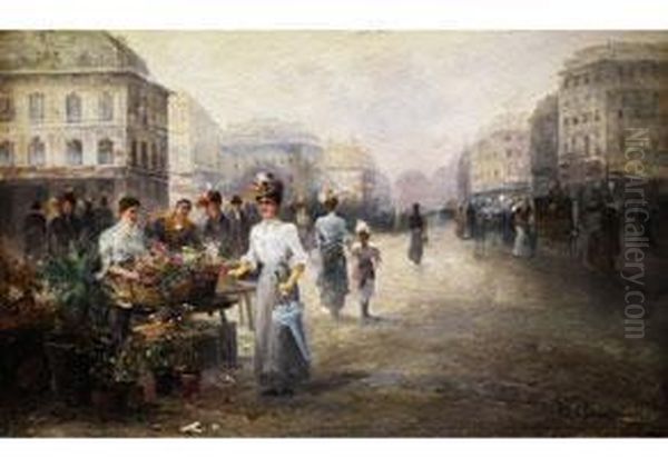 Blumenmarkt In Einer Breiten
Grossstadtstrasse Mit Kutschen, Passanten Und Einer Jungen Dame Am
Blumenstand - view 1